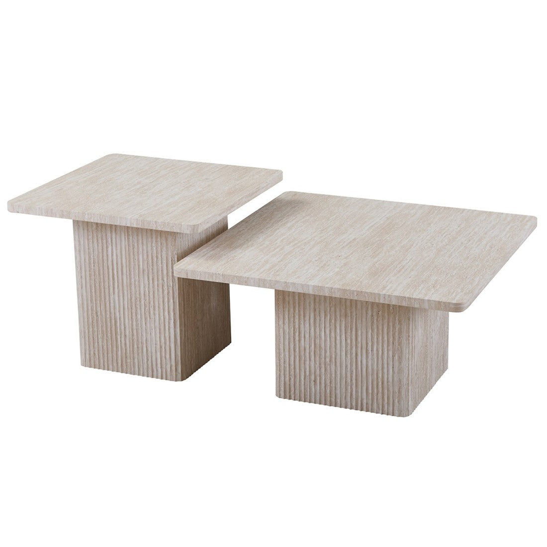 Set di 2 tavolini nidificati EDEN – Decorazione in travertino beige – Dimensioni H52-42 x L60-80 x P60-80 cm – Stile moderno
