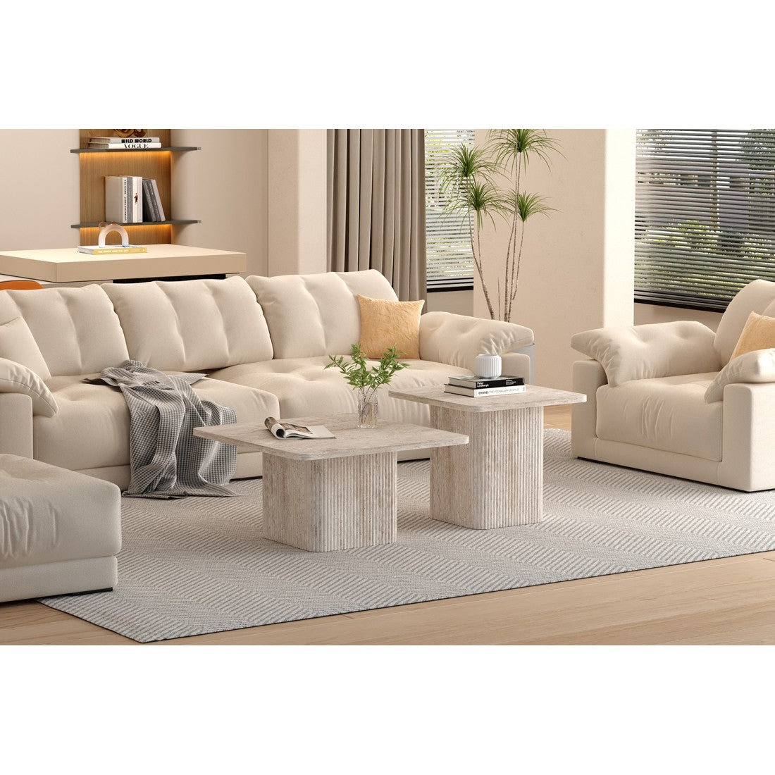 Set di 2 tavolini nidificati EDEN – Decorazione in travertino beige – Dimensioni H52-42 x L60-80 x P60-80 cm – Stile moderno