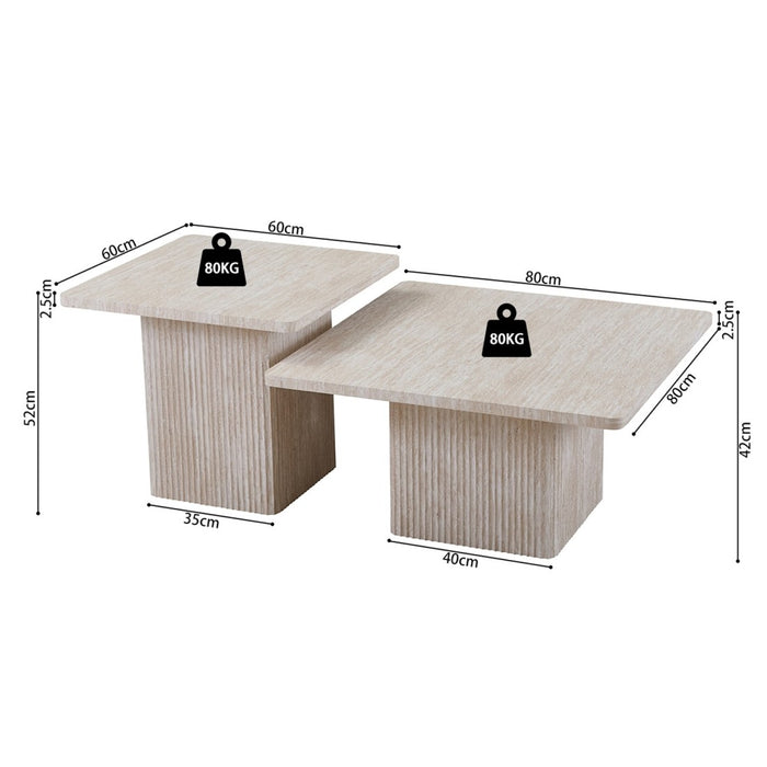 Set di 2 tavolini nidificati EDEN – Decorazione in travertino beige – Dimensioni H52-42 x L60-80 x P60-80 cm – Stile moderno