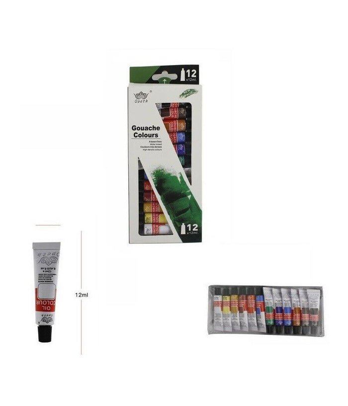 Set Di 12 Tempere Gouache Per Pittura Artistica In Tubetti Colori Da 12ml Scuola         