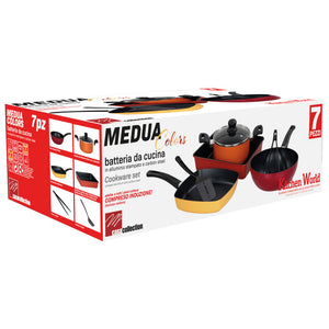 Set di 2 Batteria 7pz Medua Colors Alluminio Stampato Fondo Induzione Rostiera Carbon Steel