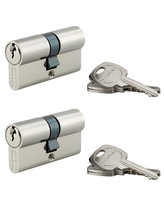 Set di 2 cilindri europei a doppia entrata, 30x30mm, ottone nichelato, antistrappo, antisfilamento, 2x3 chiavi - THIRARD