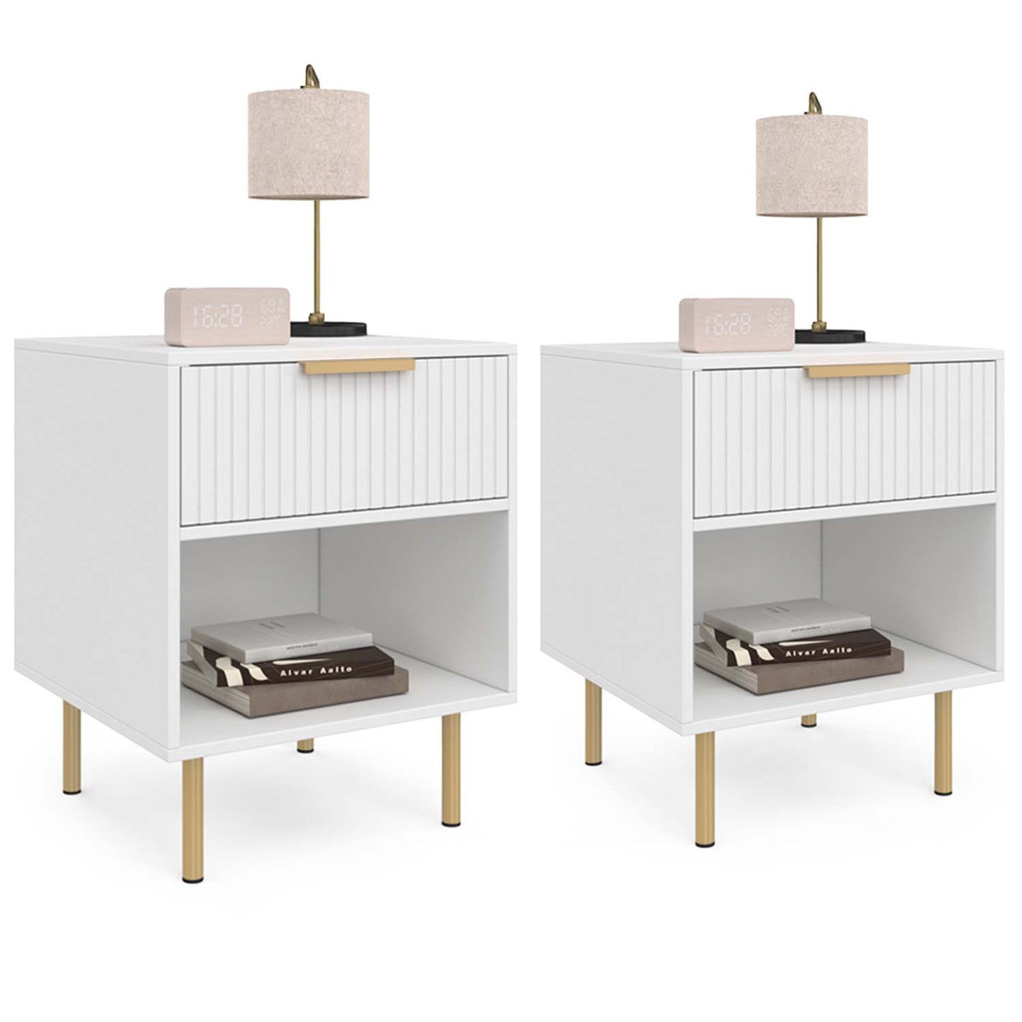 IDMarket - Set di 2 comodini a 1 cassetto MARCEL con doghe in legno bianco e oro