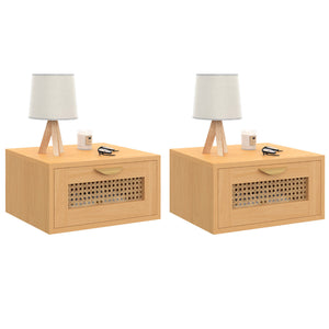 IDMarket - Set di 2 comodini a muro a 1 cassetto EDHEN con ripiani in canna e legno
