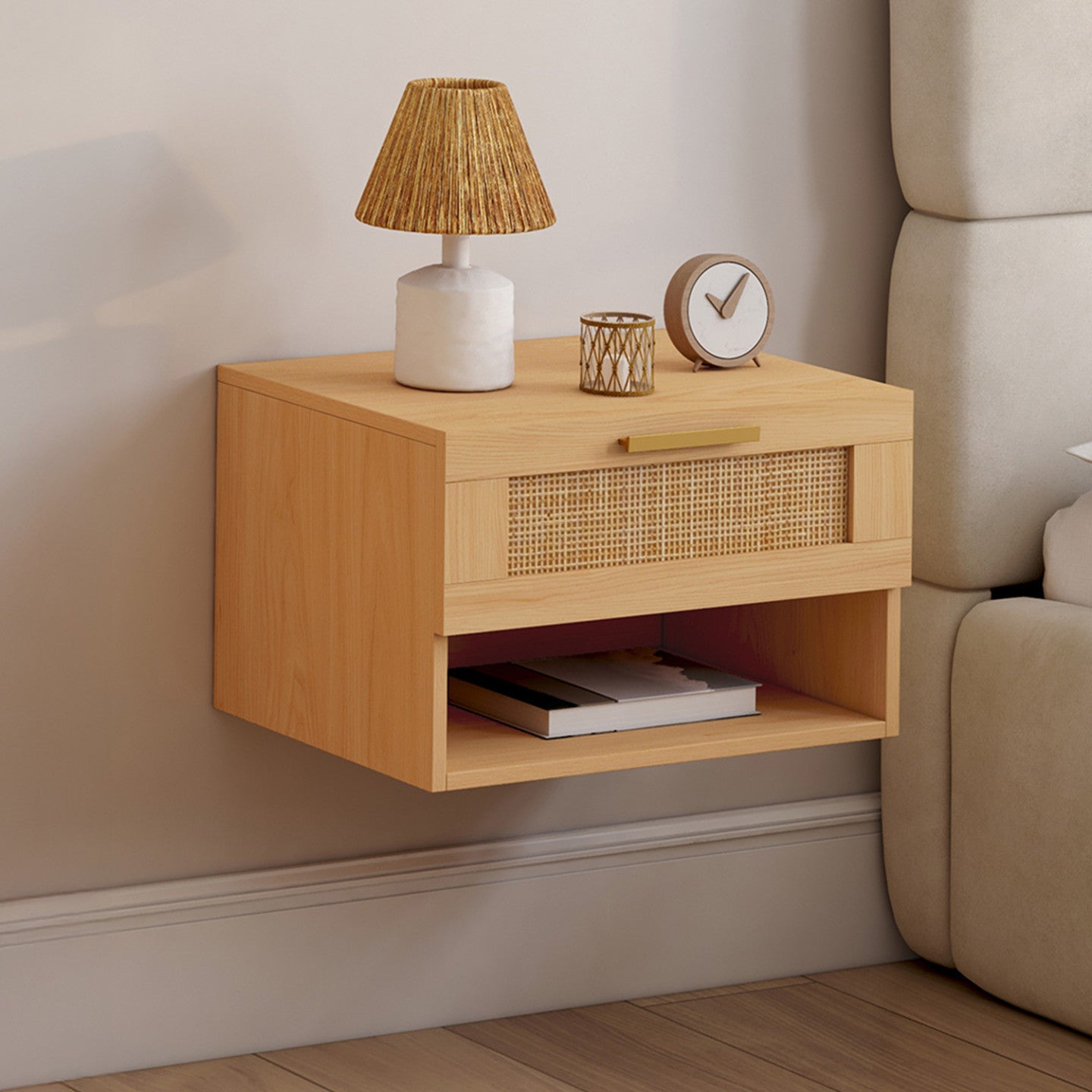 IDMarket - Set di 2 comodini a muro a 1 cassetto ROBERT con nicchia in legno e canna effetto naturale