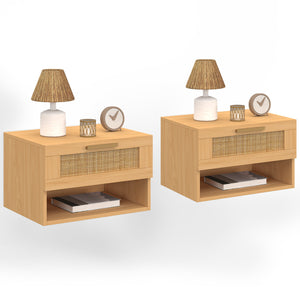 IDMarket - Set di 2 comodini a muro a 1 cassetto ROBERT con nicchia in legno e canna effetto naturale