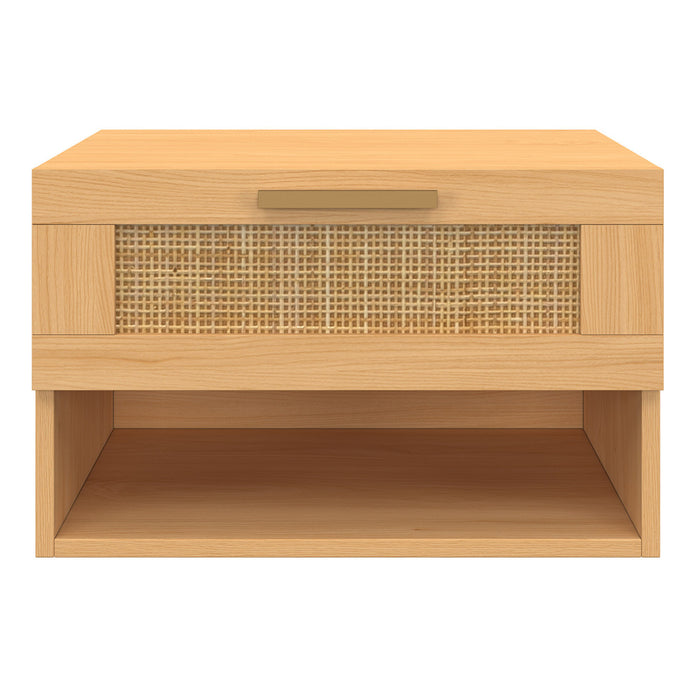 IDMarket - Set di 2 comodini a muro a 1 cassetto ROBERT con nicchia in legno e canna effetto naturale