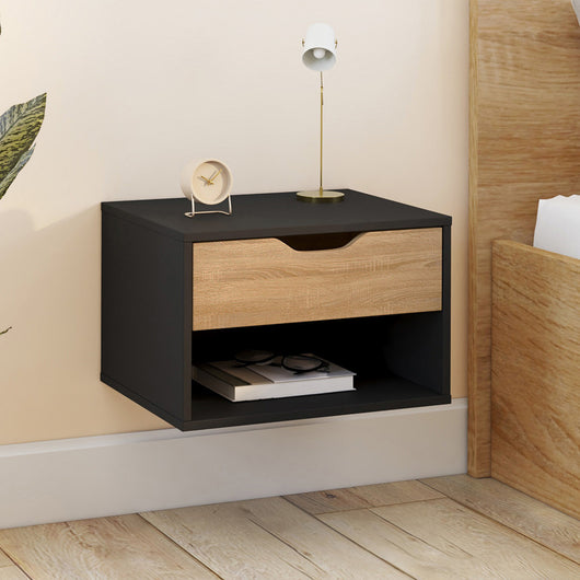 IDMarket - Set di 2 comodini a parete a 1 cassetto CATHY con nicchia effetto faggio nero