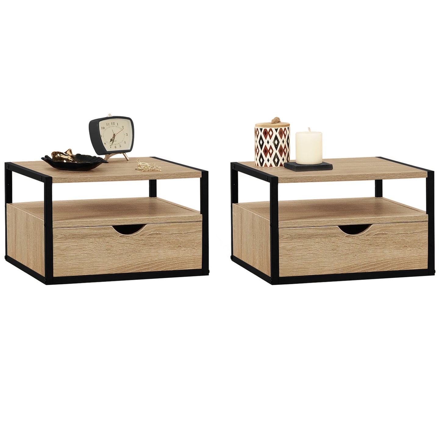 IDMarket - Set di 2 comodini a parete DETROIT, 1 cassetto + 1 ripiano sospeso, design industriale