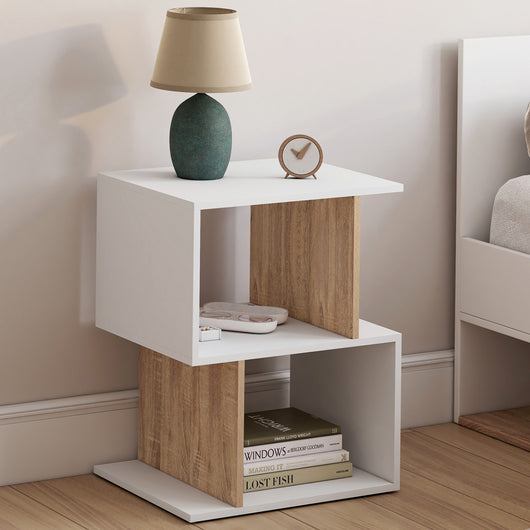 IDMarket - Set di 2 comodini a S SOFIA con contenitore a giorno, effetto bianco e faggio