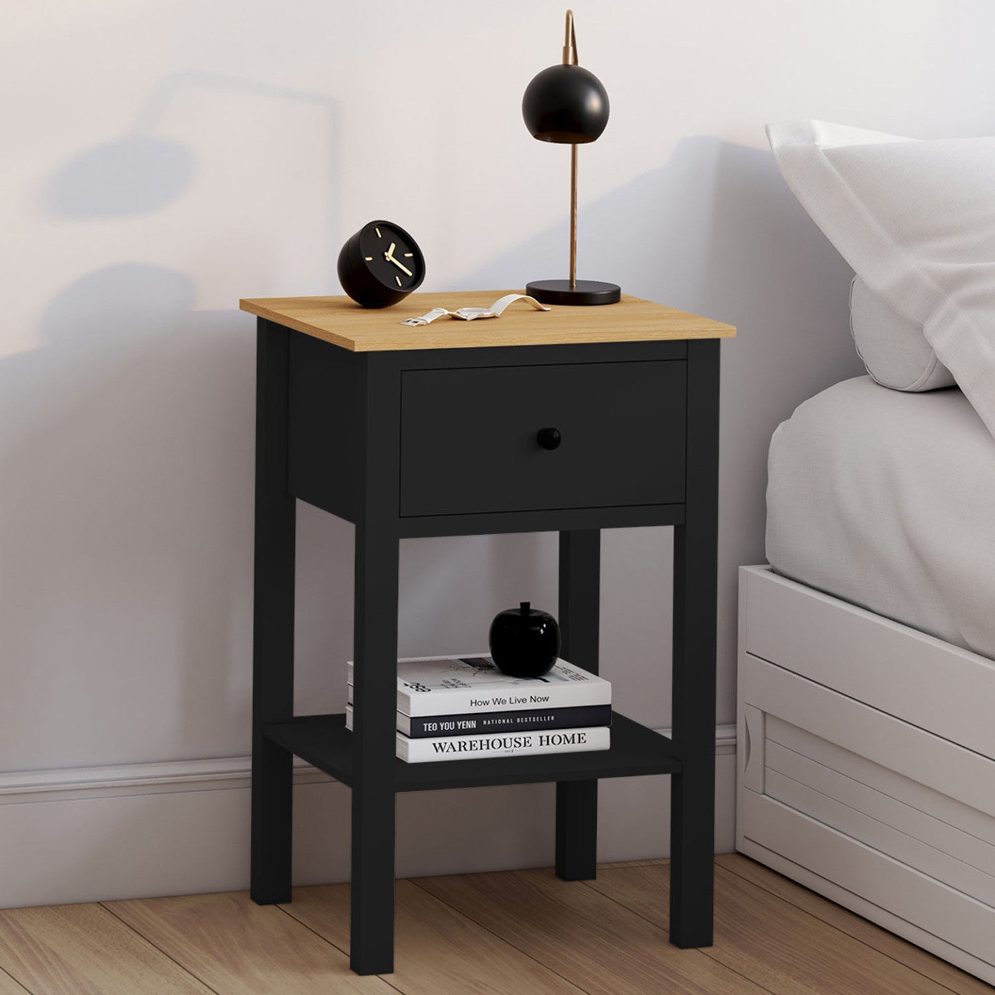 IDMarket - Set di 2 comodini ACHILLE, 1 cassetto e 1 ripiano in legno e nero
