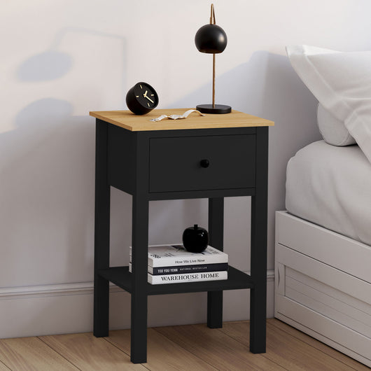 IDMarket - Set di 2 comodini ACHILLE, 1 cassetto e 1 ripiano in legno e nero