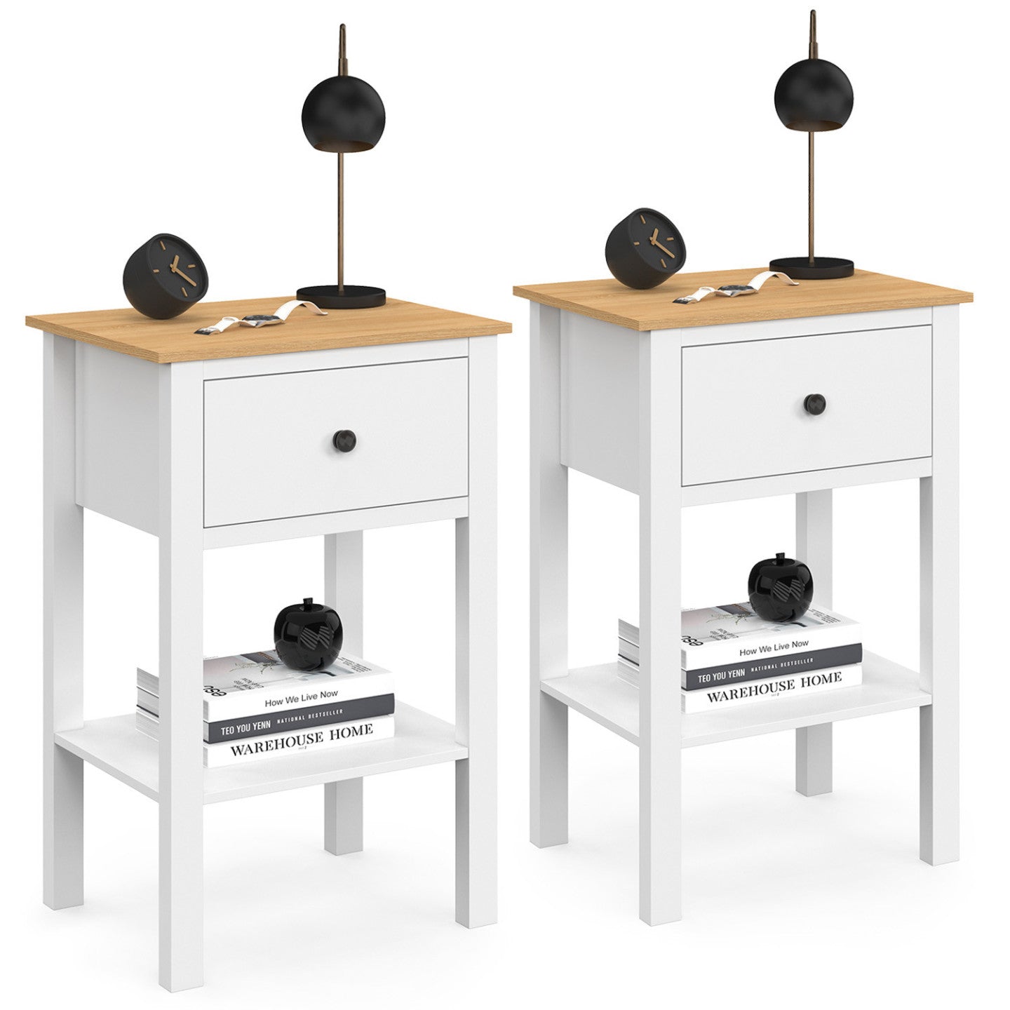 IDMarket - Set di 2 comodini ACHILLE con 1 cassetto e 1 ripiano bianco e piano in legno