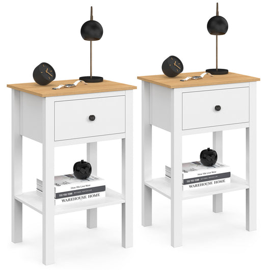 IDMarket - Set di 2 comodini ACHILLE con 1 cassetto e 1 ripiano bianco e piano in legno
