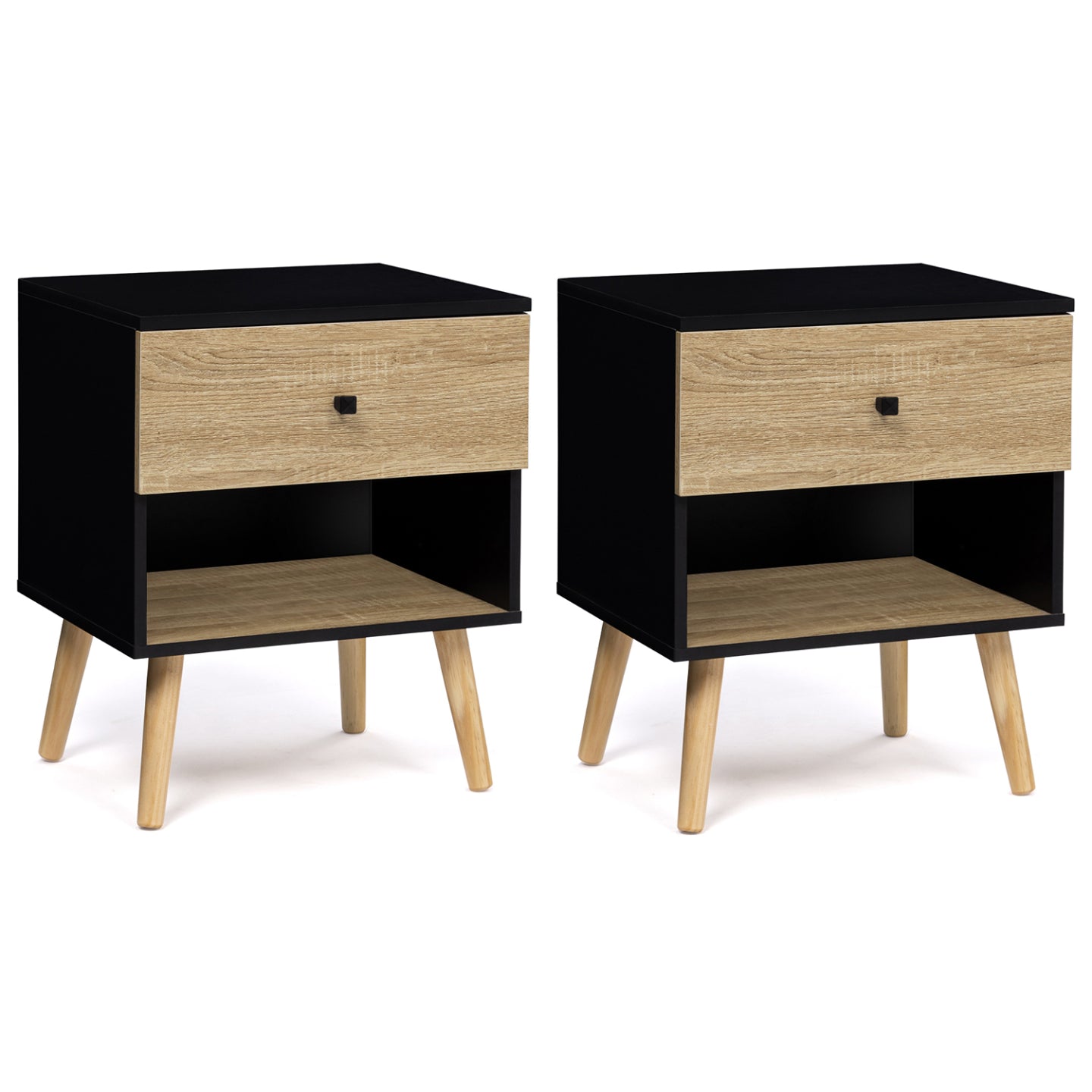 IDMarket - Set di 2 comodini con 1 cassetto, scandinavo, legno e nero EMMIE
