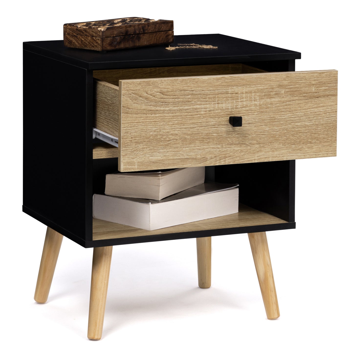 IDMarket - Set di 2 comodini con 1 cassetto, scandinavo, legno e nero EMMIE