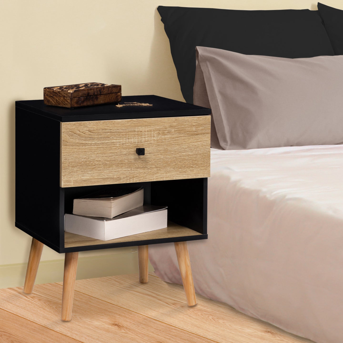 IDMarket - Set di 2 comodini con 1 cassetto, scandinavo, legno e nero EMMIE