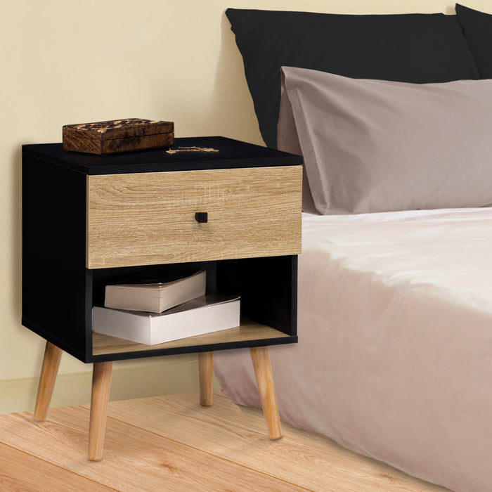 IDMarket - Set di 2 comodini con 1 cassetto, scandinavo, legno e nero EMMIE