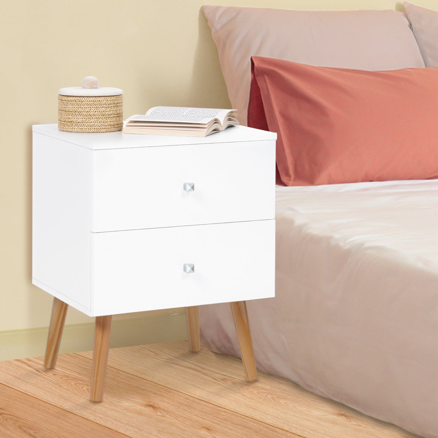 IDMarket - Set di 2 comodini con 2 cassettos, scandinavo, legno e bianco EMMIE