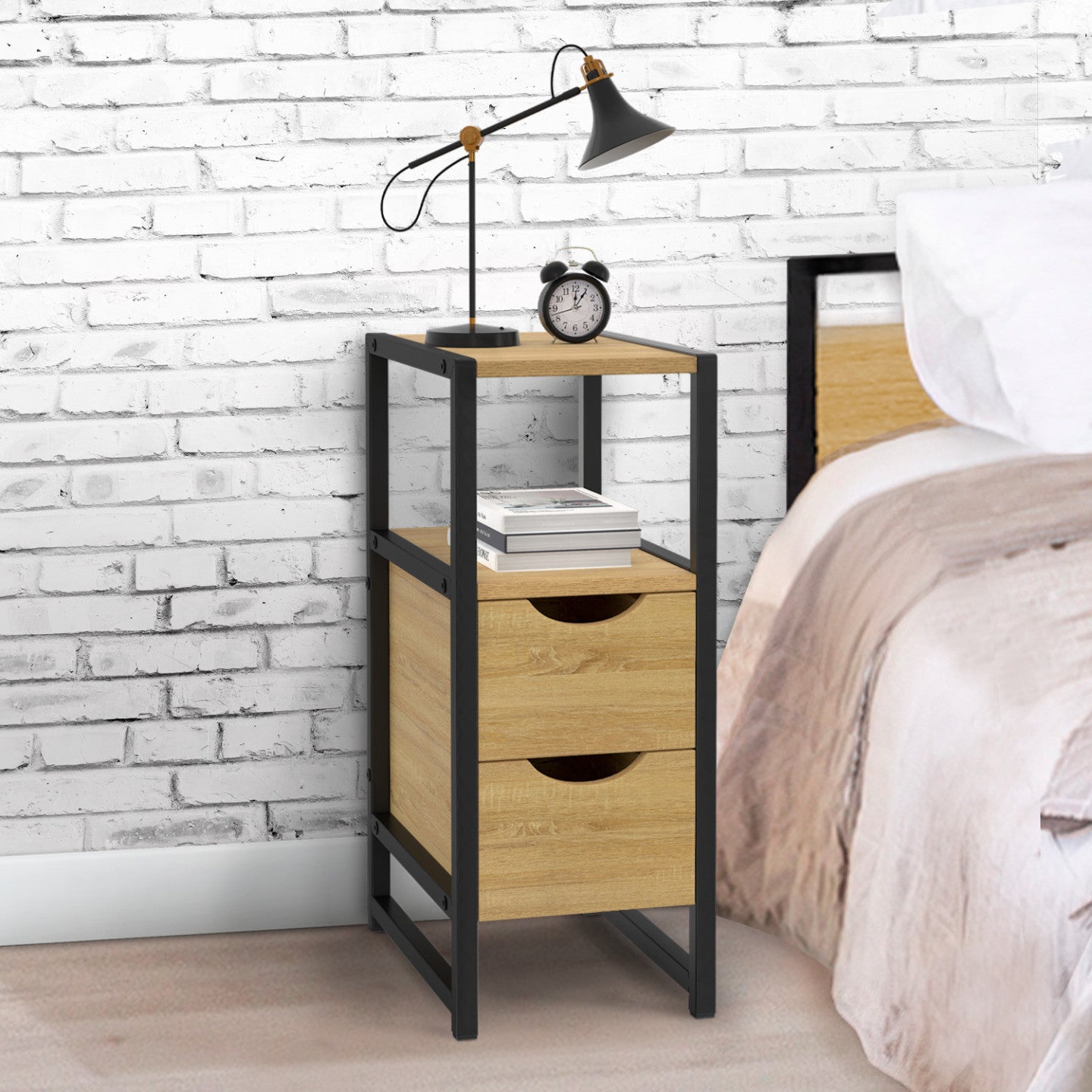 IDMarket - Set di 2 comodini DETROIT, 2 cassetti e 1 nicchia, legno e metallo nero, design industriale