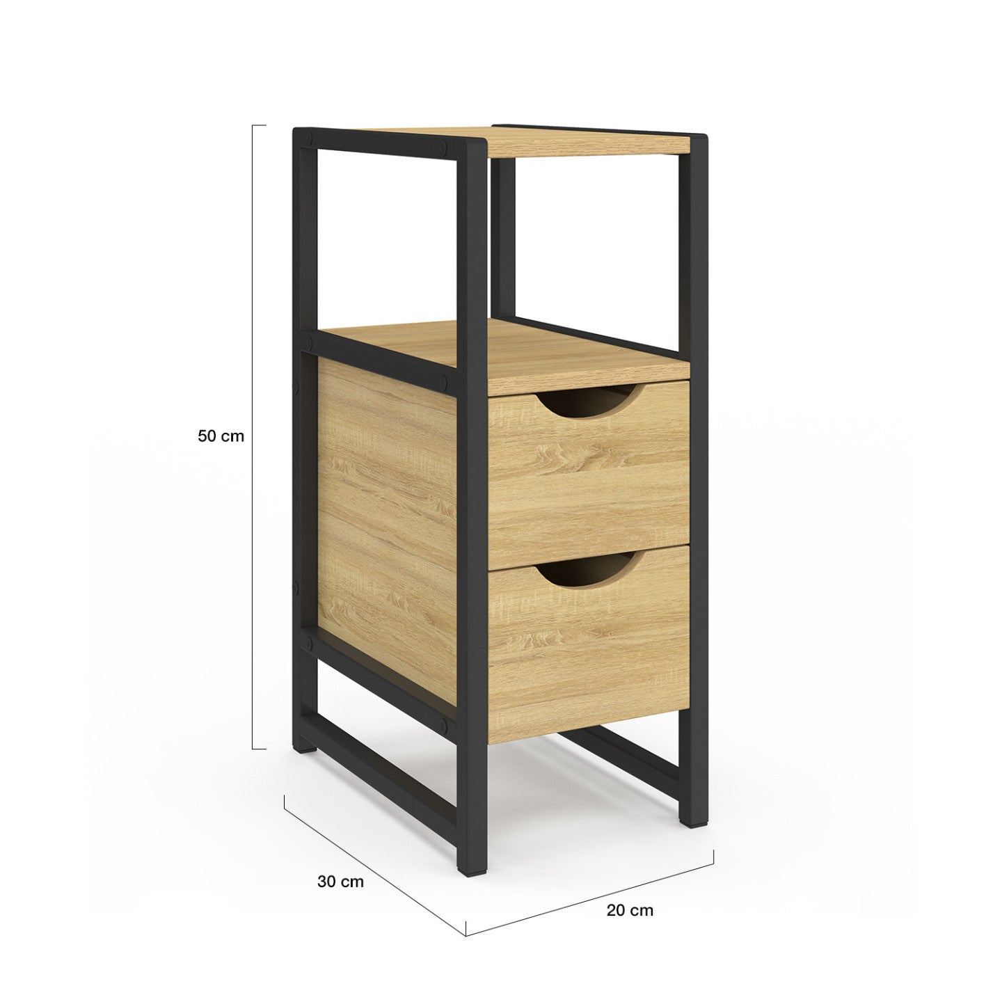 IDMarket - Set di 2 comodini DETROIT, 2 cassetti e 1 nicchia, legno e metallo nero, design industriale