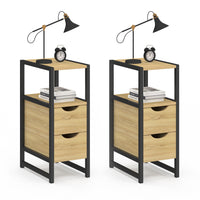 IDMarket - Set di 2 comodini DETROIT, 2 cassetti e 1 nicchia, legno e metallo nero, design industriale