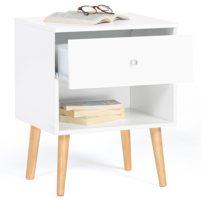 IDMarket - Set di 2 comodini EMMIE con 1 cassetto, legno scandinavo e bianco