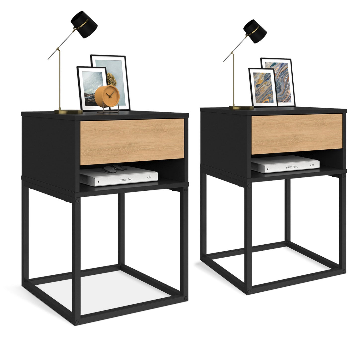 IDMarket - Set di 2 comodini ERNEST, 1 cassetto e 1 nicchia, finitura nera e faggio