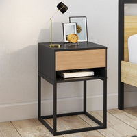 IDMarket - Set di 2 comodini ERNEST, 1 cassetto e 1 nicchia, finitura nera e faggio