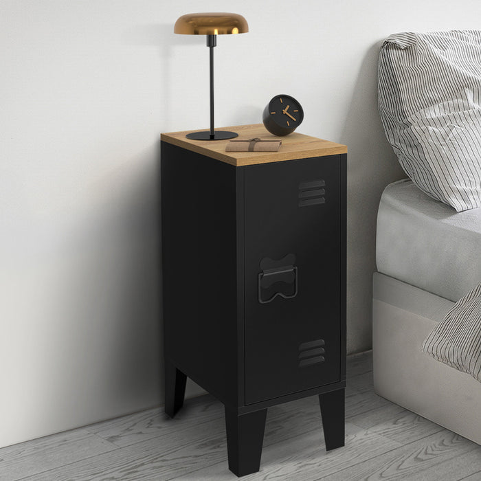 IDMarket - Set di 2 comodini ESTER a 1 anta in metallo nero con piano in faggio in stile industriale