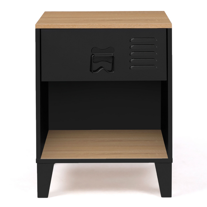 IDMarket - Set di 2 comodini ESTER a 1 cassetto in metallo nero con nicchia e piano in faggio in stile industriale