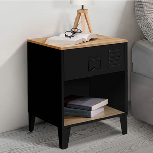 IDMarket - Set di 2 comodini ESTER a 1 cassetto in metallo nero con nicchia e piano in faggio in stile industriale