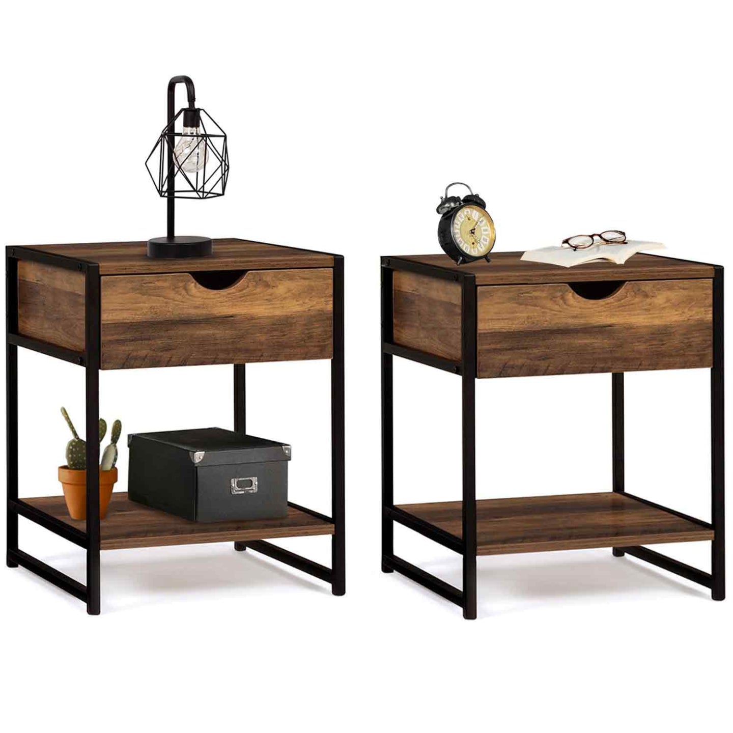IDMarket - Set di 2 comodini HAWKINS, legno scuro, design industriale