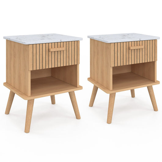IDMarket - Set di 2 comodini JULIETTE, piano effetto marmo, 1 cassetto con nicchia a doghe di legno