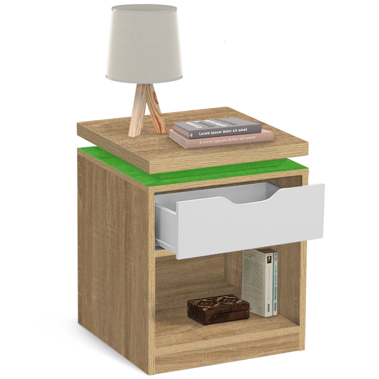 IDMarket - Set di 2 comodini LED LUNA a 1 cassetto con nicchia in faggio e bianco