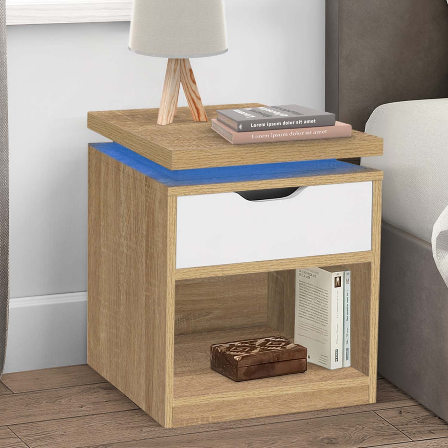 IDMarket - Set di 2 comodini LED LUNA a 1 cassetto con nicchia in faggio e bianco