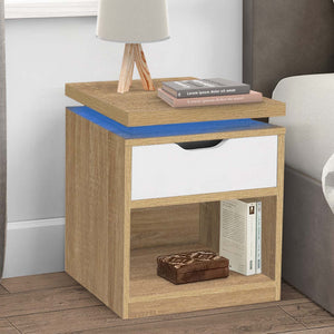 IDMarket - Set di 2 comodini LED LUNA a 1 cassetto con nicchia in faggio e bianco