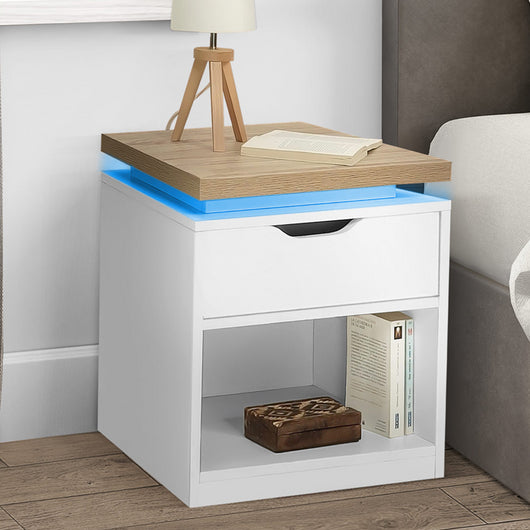 IDMarket - Set di 2 comodini LUNA LED con 1 cassetto bianco e piano effetto legno