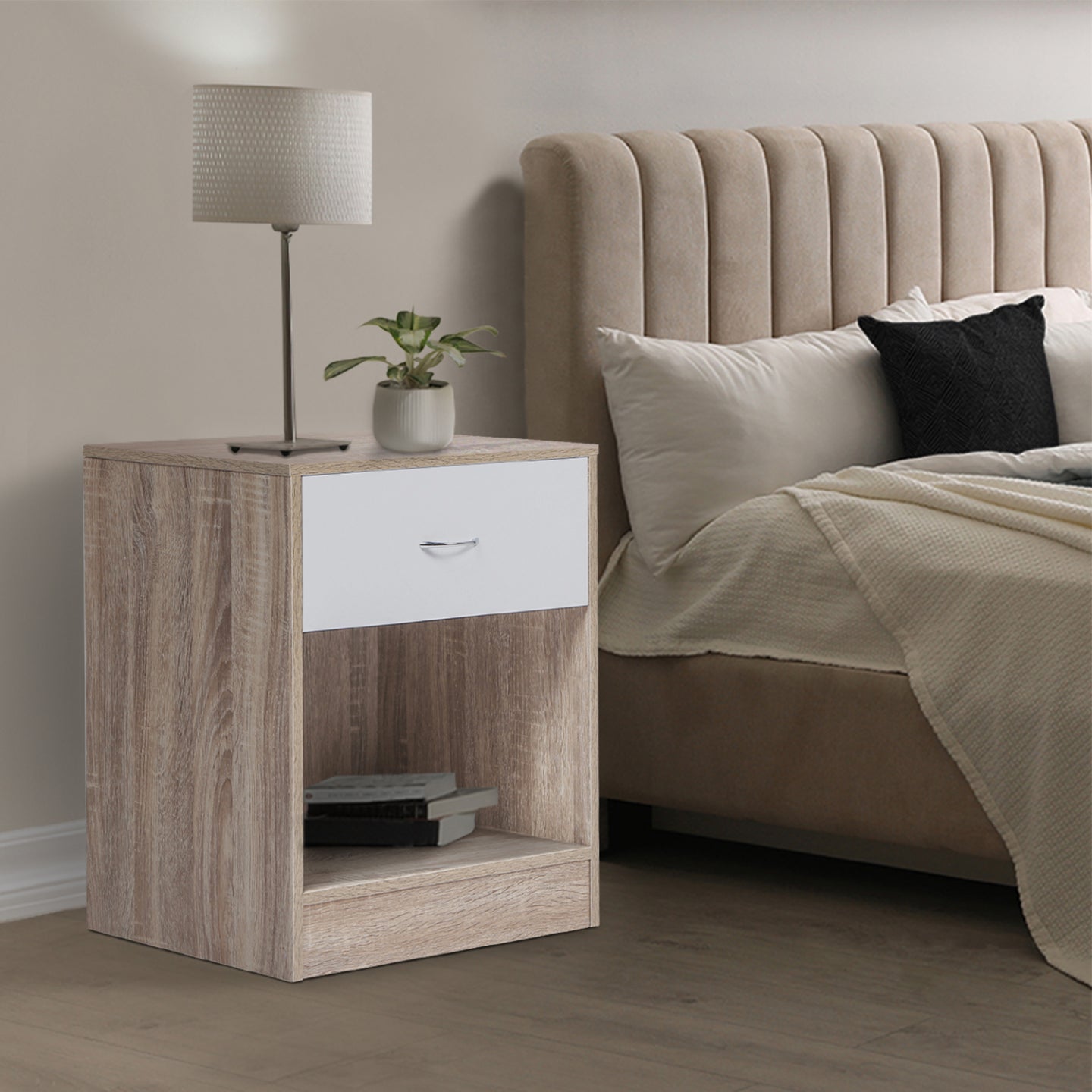 IDMarket - Set di 2 comodini OLGA in legno di faggio e cassetto bianco