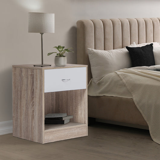 IDMarket - Set di 2 comodini OLGA in legno di faggio e cassetto bianco