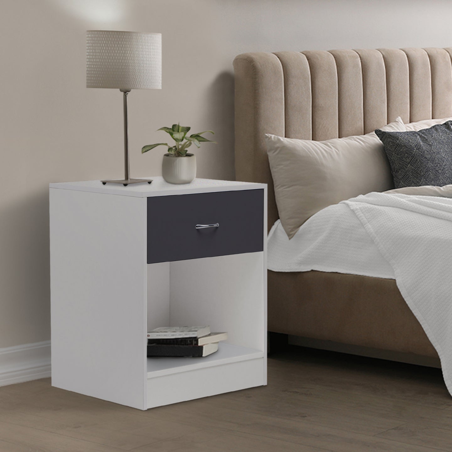 IDMarket - Set di 2 comodini OLGA, legno bianco e cassetto grigio