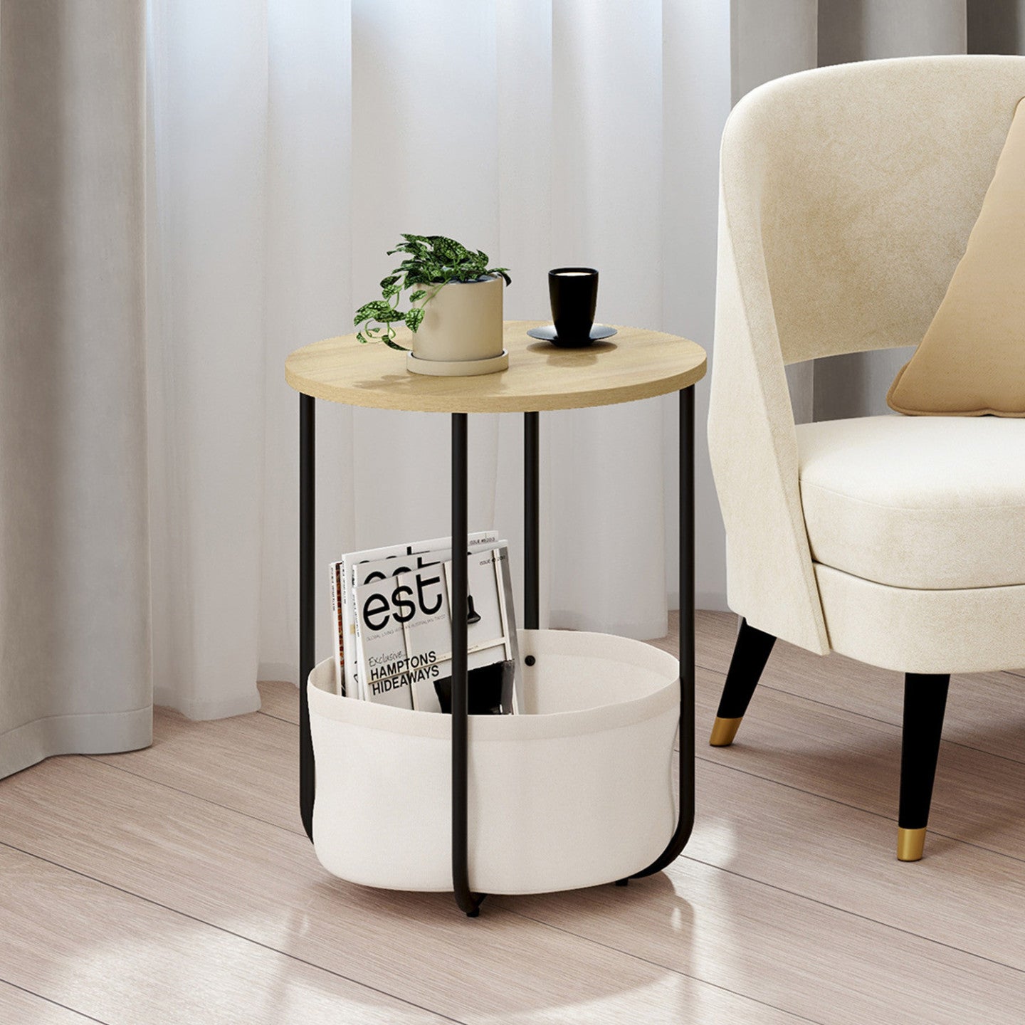 IDMarket - Set di 2 comodini rotondi DETROIT, tavolini e terminali per divani con cesto in tessuto dal design industriale