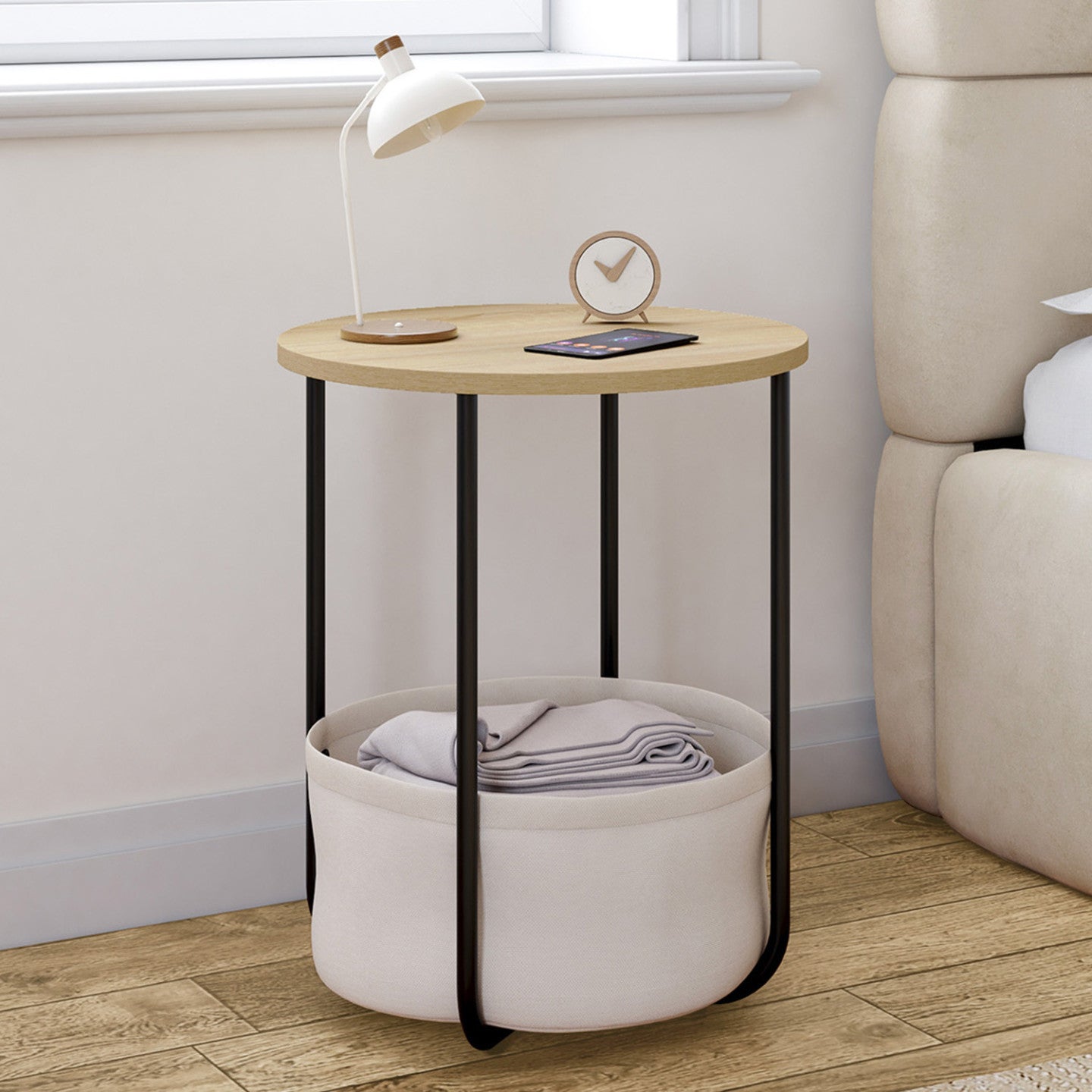 IDMarket - Set di 2 comodini rotondi DETROIT, tavolini e terminali per divani con cesto in tessuto dal design industriale