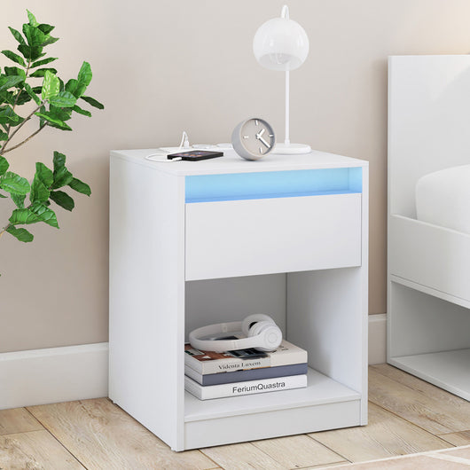 IDMarket - Set di 2 comodini TED LED con stazione di ricarica, 1 cassetto e nicchia