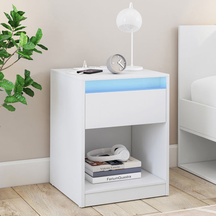 IDMarket - Set di 2 comodini TED LED con stazione di ricarica, 1 cassetto e nicchia