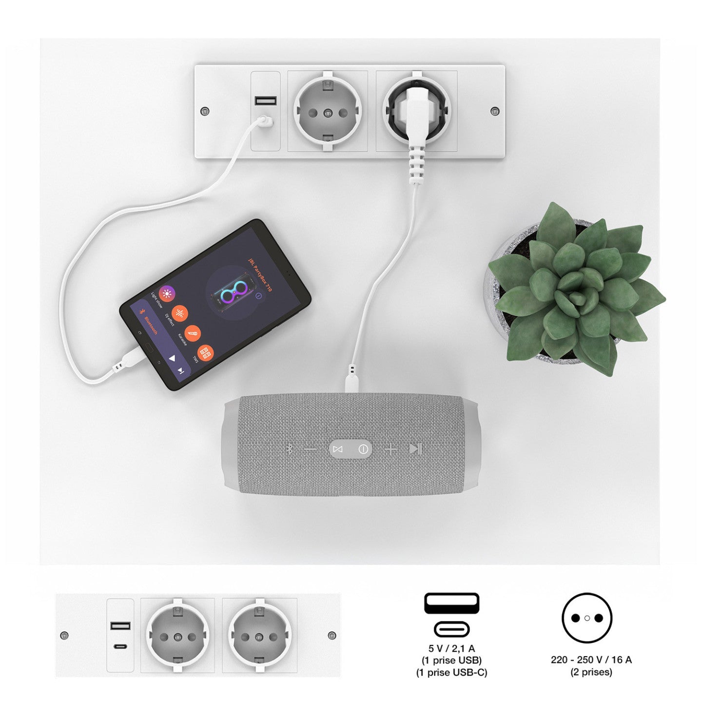 IDMarket - Set di 2 comodini TED LED con stazione di ricarica, 1 cassetto e nicchia