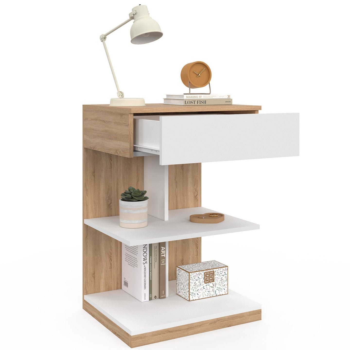 IDMarket - Set di 2 comodini TOMI, 1 cassetto e 2 ripiani, finitura faggio e bianco