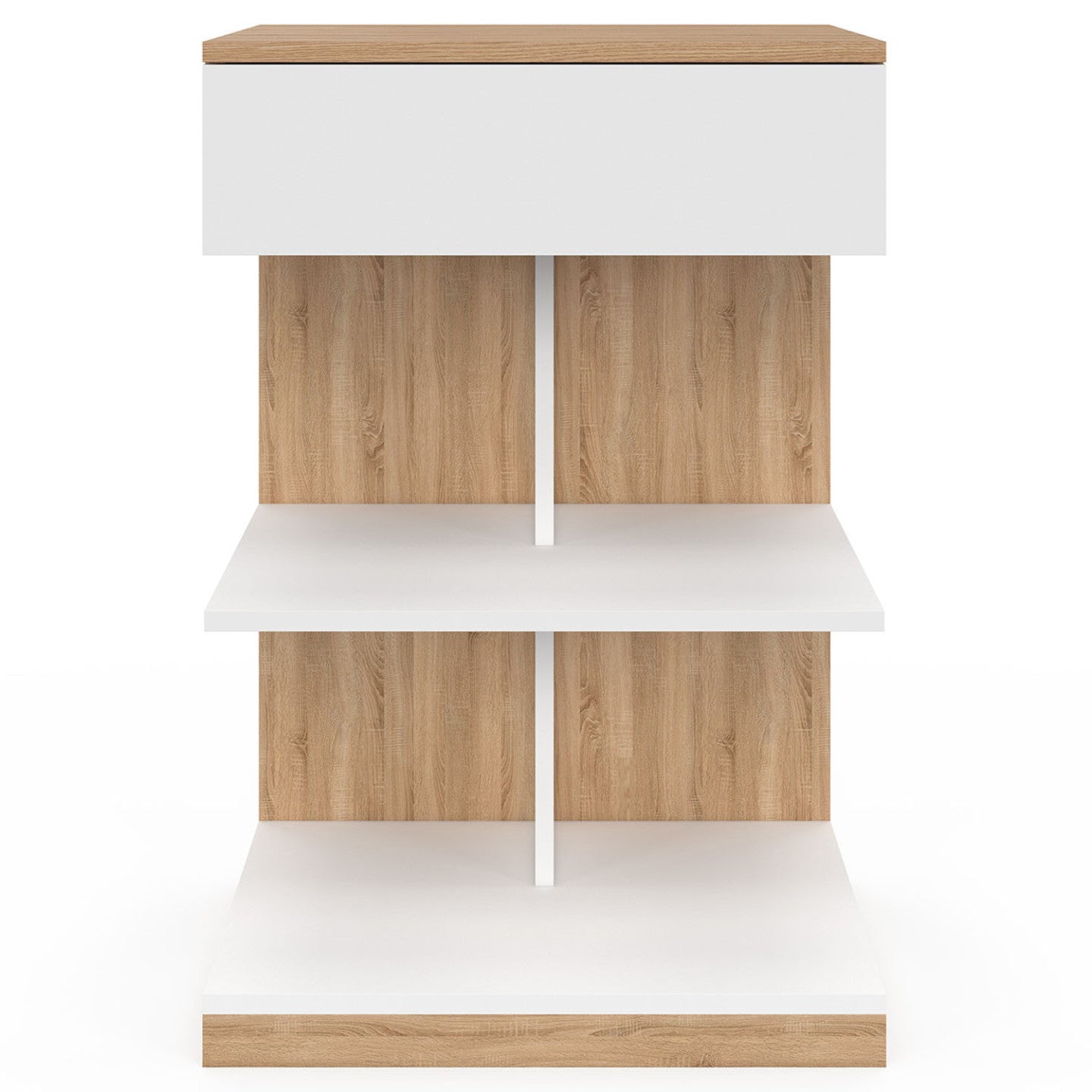 IDMarket - Set di 2 comodini TOMI, 1 cassetto e 2 ripiani, finitura faggio e bianco