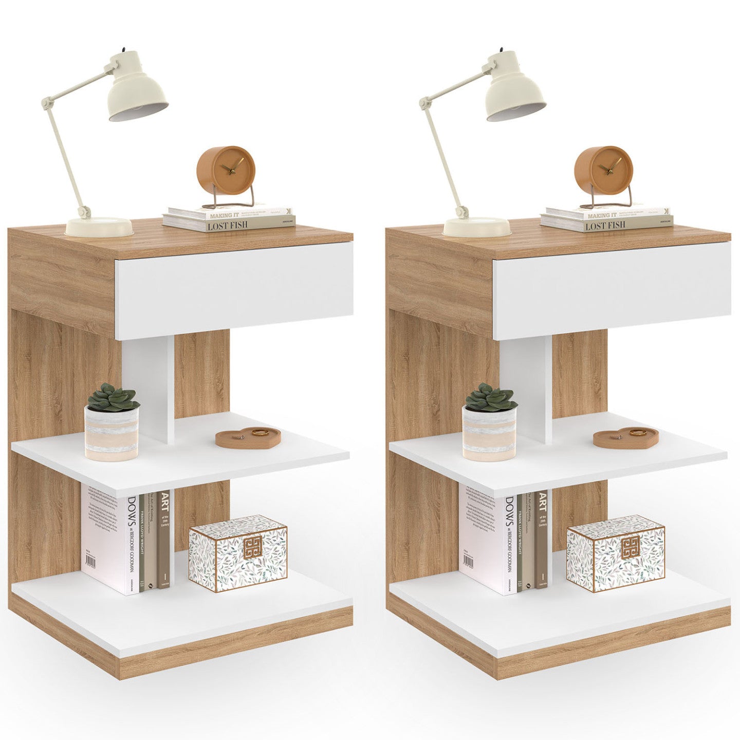 IDMarket - Set di 2 comodini TOMI, 1 cassetto e 2 ripiani, finitura faggio e bianco