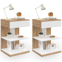 IDMarket - Set di 2 comodini TOMI, 1 cassetto e 2 ripiani, finitura faggio e bianco